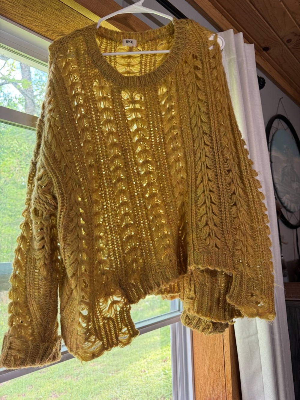 BKE Women's Mustard Openwork Crewneck Sweater
